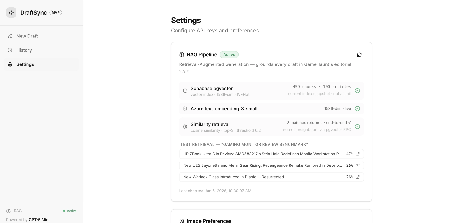 DraftSync RAG pipeline architecture — adaptive thresholding from 0.4 to 0.0 similarity
